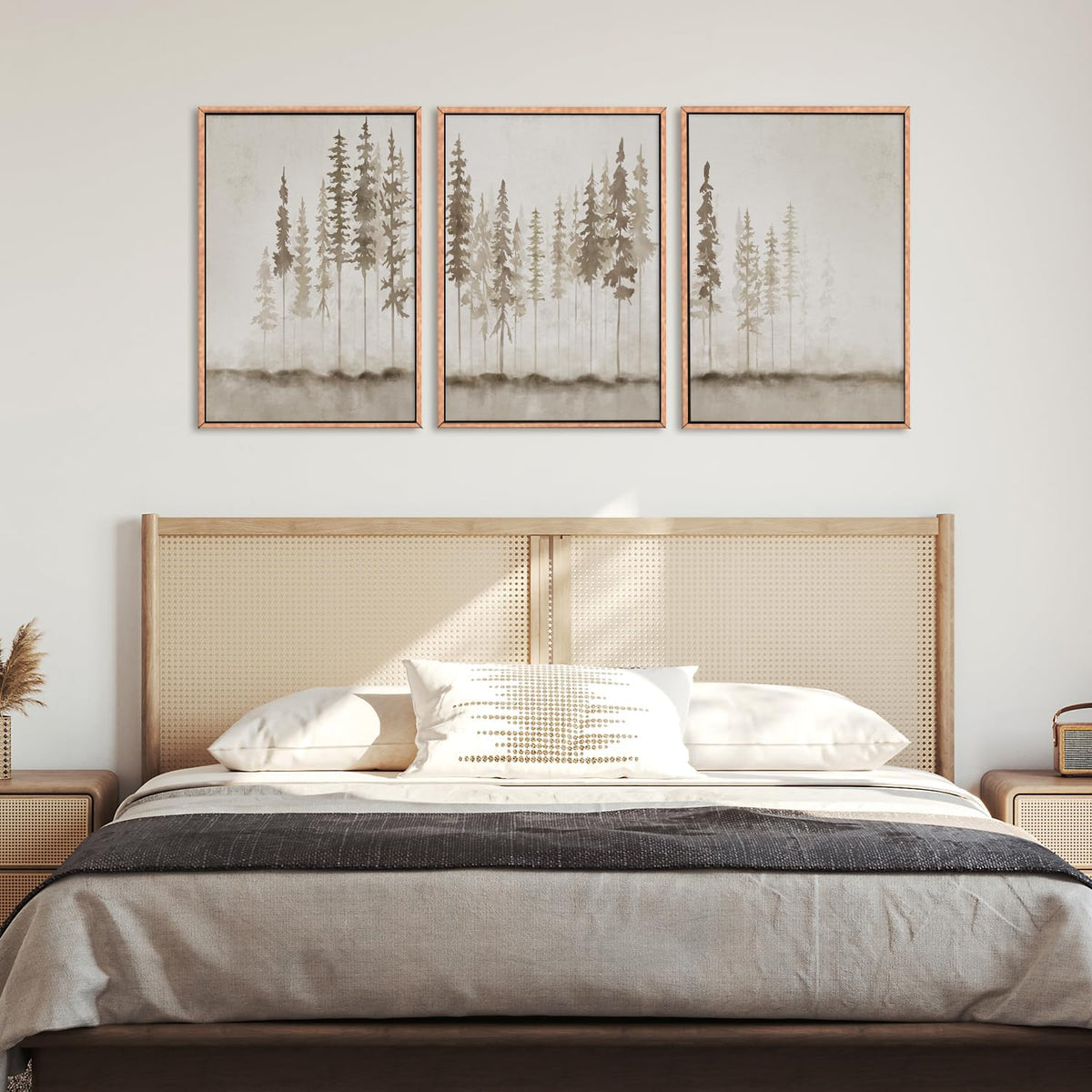 HPINUB Misty Forest Framed Canvas Wall Art Set, Foggy Pine Tree Wall Decor, Pastel Nature Landscape