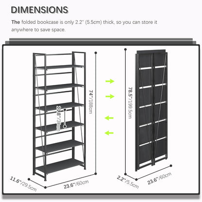 4NM No Assembly Foldable Bookshelf, 6-Shelf Collapsible Bookcase Storage for Small Spaces, 74" H