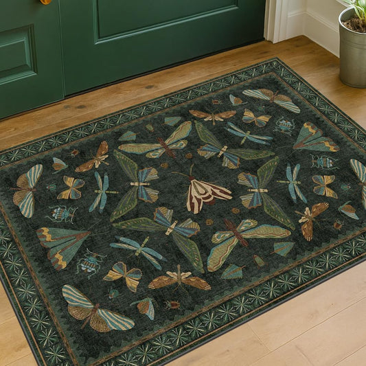 2x3 Entry Way Rugs Indoor - Dark Green Small Throw Rug for Kitchen, Bathroom, Insect Boho Design