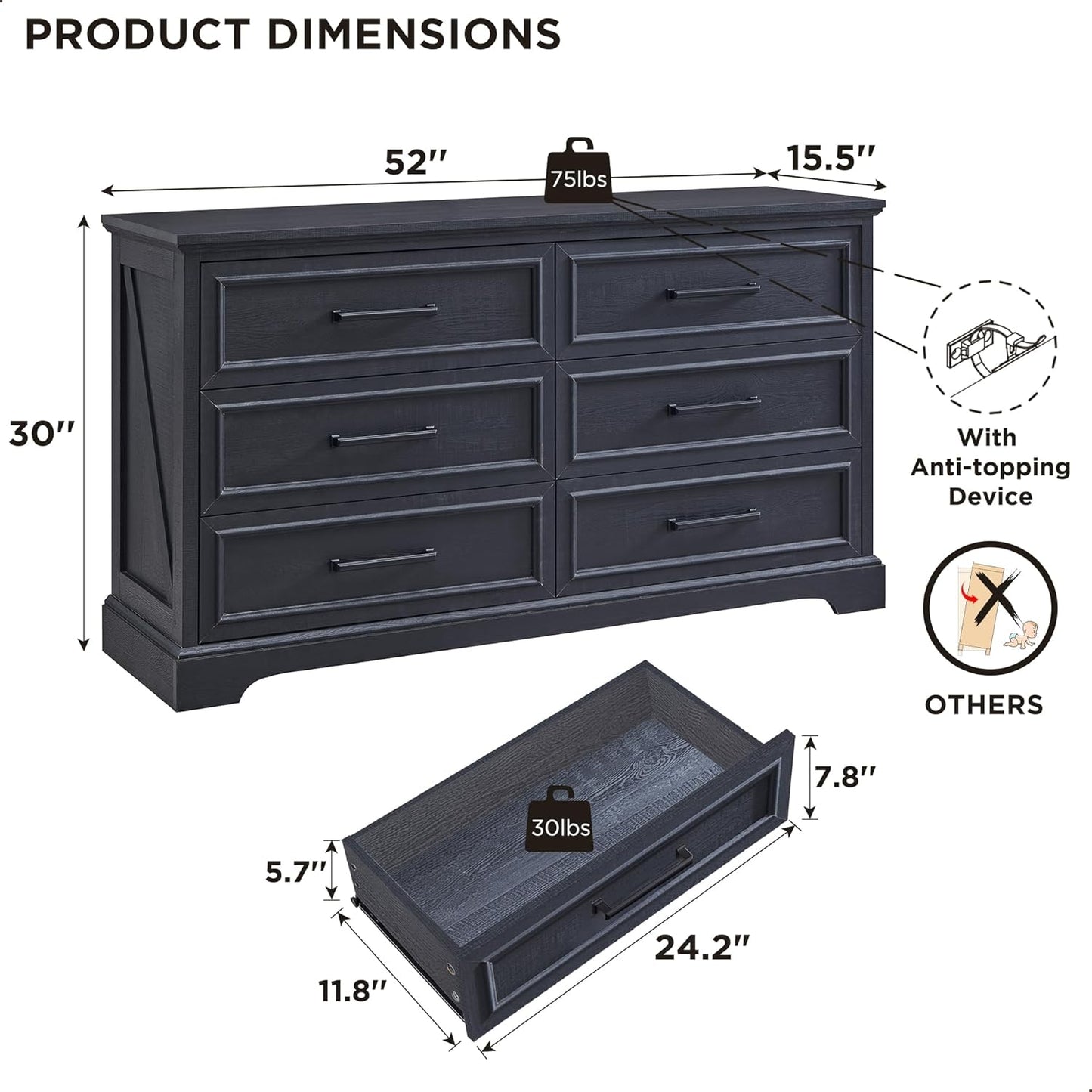 Farmhouse 6 Drawer Dresser for Bedroom, 52 Inch Wide Modern Dresser TV Stand with Large Drawers &
