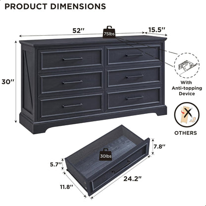 Farmhouse 6 Drawer Dresser for Bedroom, 52 Inch Wide Modern Dresser TV Stand with Large Drawers &