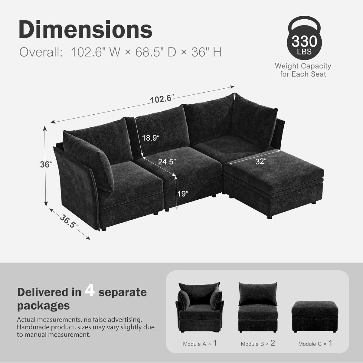 102.6" Modular Sectional Sofa, L Shaped Couch Set for Living Room, 3-Seater Comfy Cloud Couches
