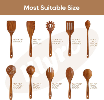 Teak Wooden Cooking Utensils Set, 10 Piece Premium Kitchen Cookware, Non-Scratch Wooden Spoons for