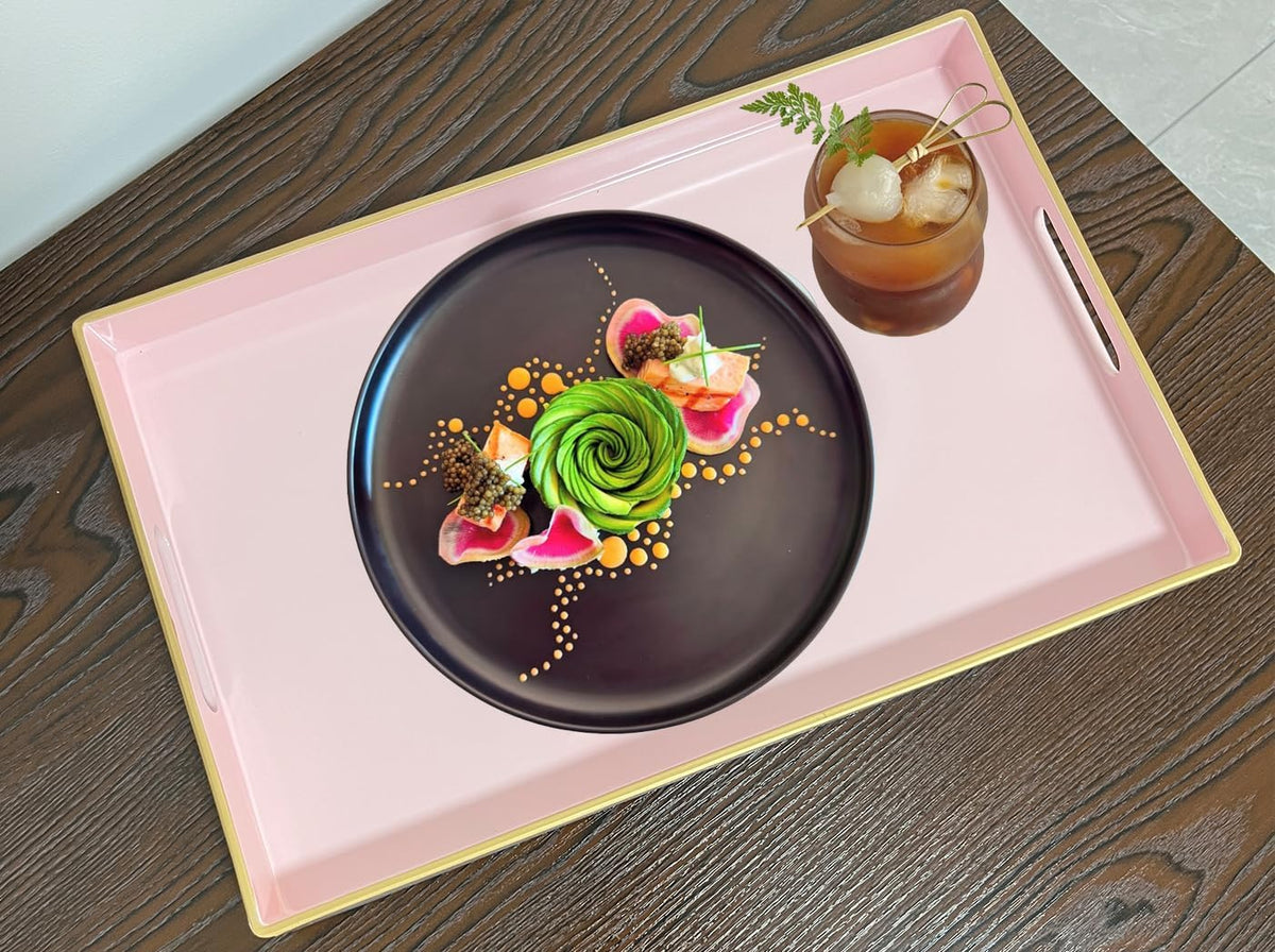 Large Pink Rectangular Decorative Tray – Plastic Serving Tray with Handles for Coffee Table