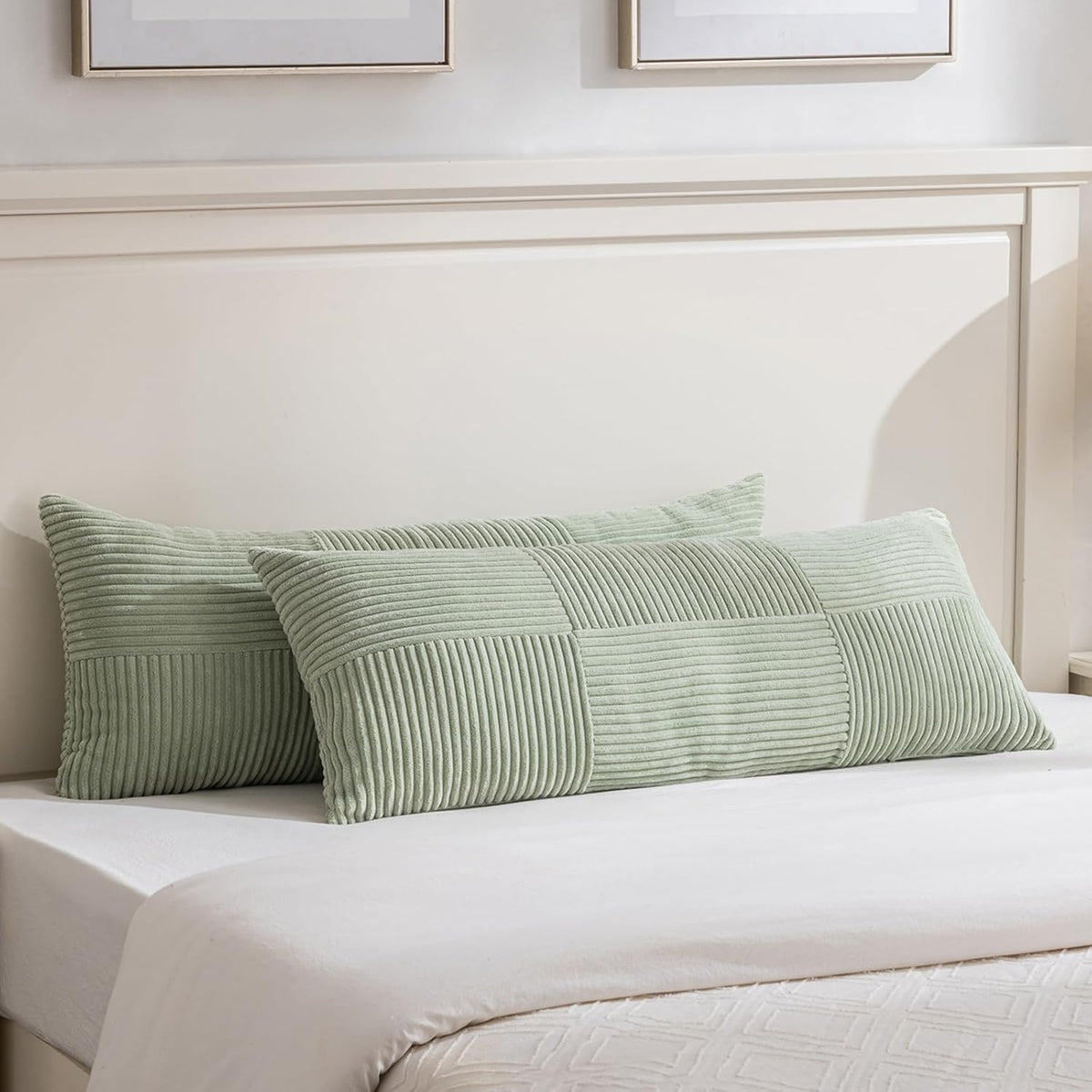Fancy Homi Set of 2 Sage Green Boho Long Lumbar Body Decorative Throw Pillow Cover 14x36 Inch for