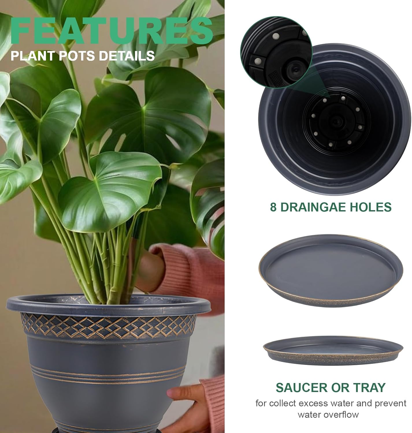 10 Inch 4 Pack Large Plant Pots, Plastic Flower Pot for Indoor & Outdoor with Drainage Holes &