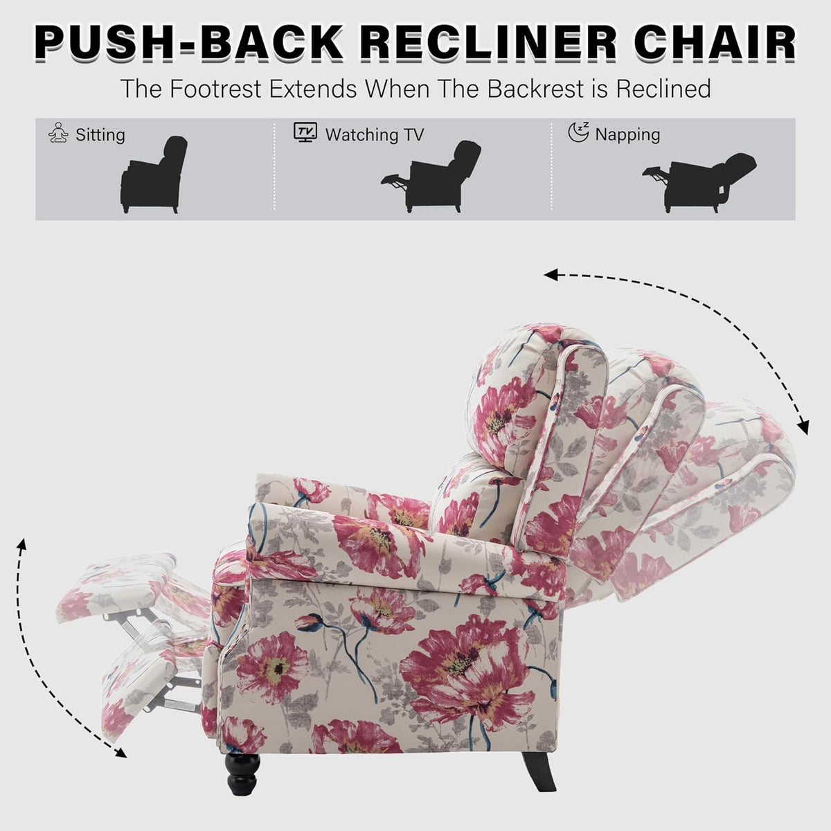 UIXE Pushback Recliner Chair, Fabric Armchair Push Back Accent Chair, Rivet Trim Club Chair Home