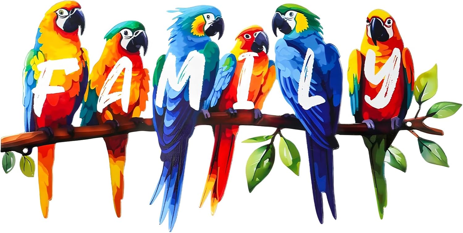 ULENDIS Metal Parrot Wall Art, Birds on Branch Wall Decor Family Sign for Front Door, Wall Hanging