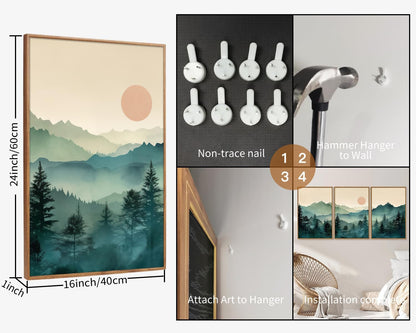SIGNINART Large Mountain Framed Canvas Wall Art Set, Abstract Misty Forest Wall Decor, Foggy Nature