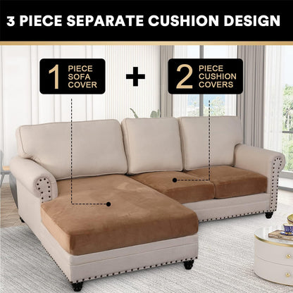 PrinceDeco Sectional Couch Covers 3 Pieces Velvet Sofa Covers L Shape Soft Couch Covers for