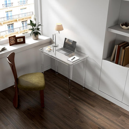 HMYHUM Small Acrylic Computer Desk, 35.4 Inch, Clear Study Desk for Home Office, Writing, Vanity