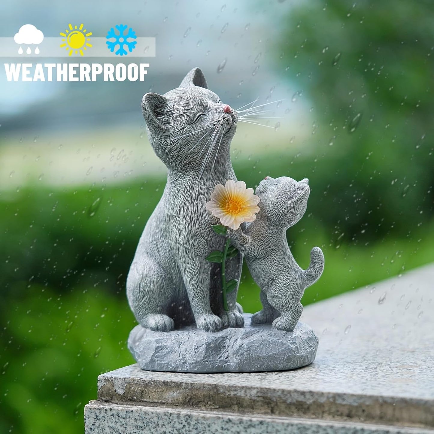 Solar Cat Garden Statue Outdoor Decor - Mother & Kitten Figurines with Flower LED Light, Outside