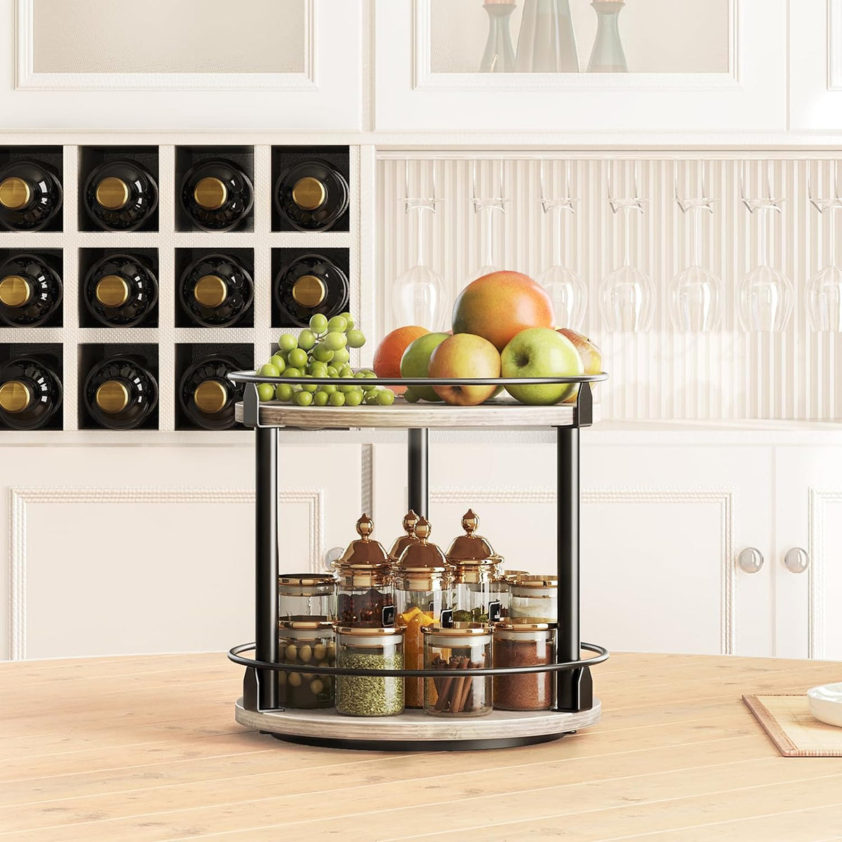 Lazy Susan Organizer, Rotating Spice Rack, 2 Tier Spice Turntable Organizer, Industrial Turntable