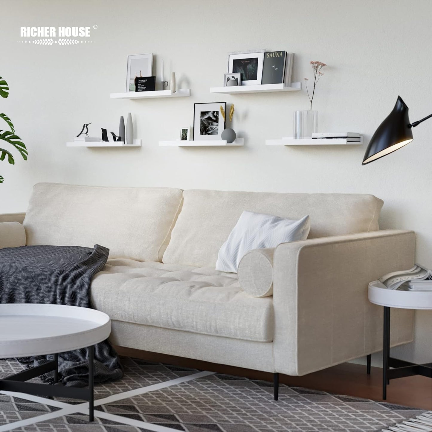 RICHER HOUSE 5 Set White Floating Shelves, Wall Mounted Shelves for Wall Decor, Modern Picture
