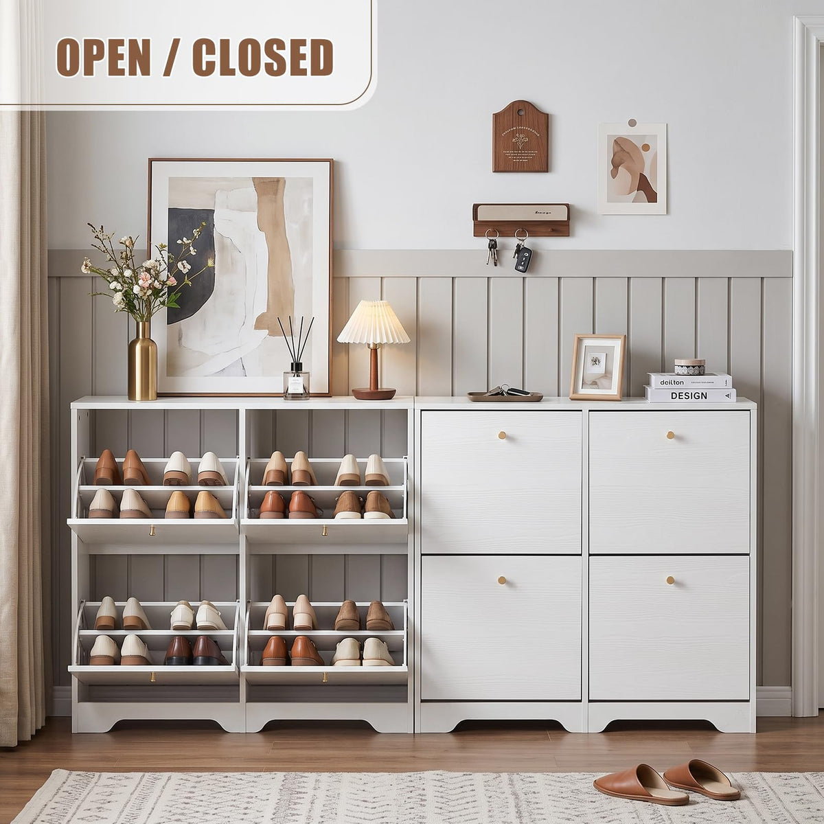 Nicetree Shoe Cabinet, 4 Flip Drawers Slim White Entryway Storage