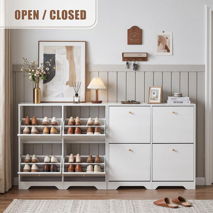 Nicetree Shoe Cabinet, 4 Flip Drawers Slim White Entryway Storage