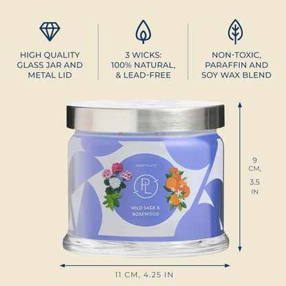 PartyLite Wild Sage & Rosewood Scented, Notes of Sage Leaf, Rosewood, Geranium Petals and