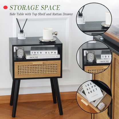 MaxSmeo End Table with Storage Mid Century Nightstand with Rattan Drawer and Shelf, Wood Small Side