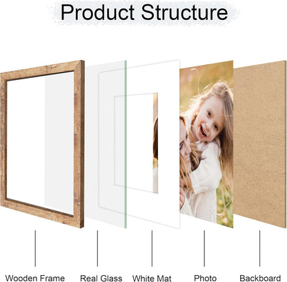11x14 Picture Frame Set of 4, 11 x 14 Wood Photo Frames with Mat for 8x10, Natural Wooden Frame