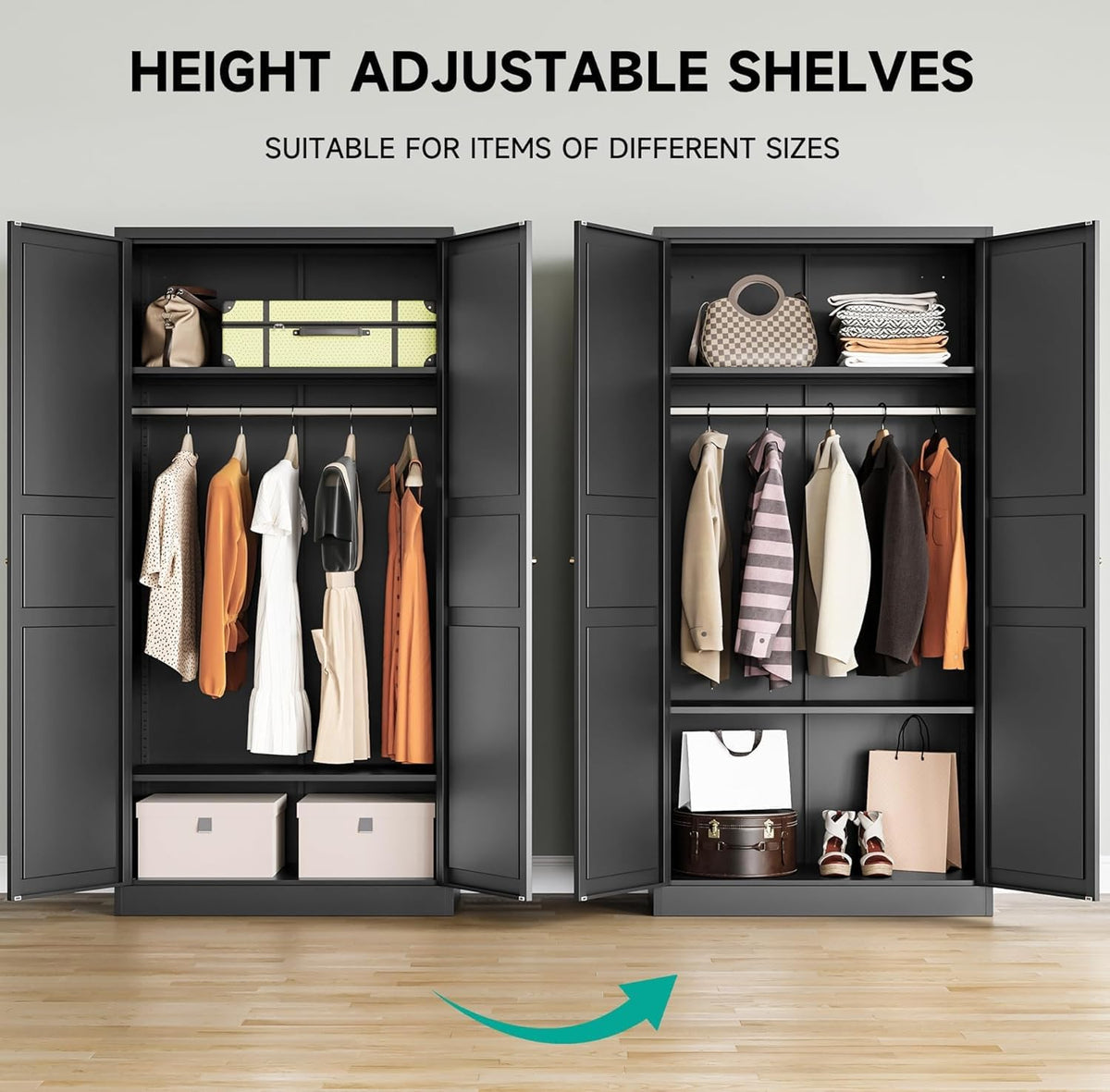 SISESOL Metal Wardrobe Cabinet with Hanging Rod,Black Armoire Wardrobe Closet,Metal Clothing