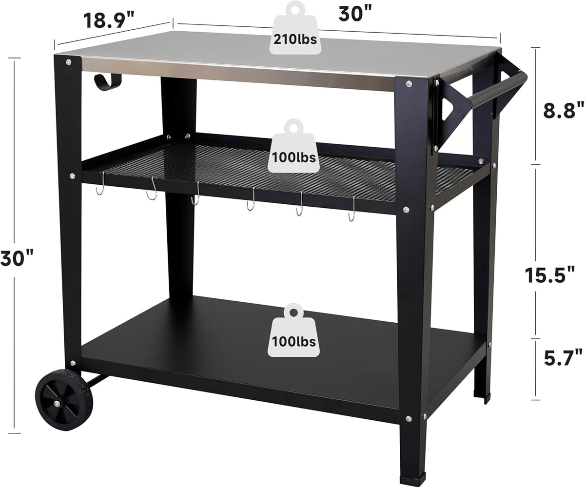 Stainless Steel Outdoor Grill Cart with Wheels, Heavy-Duty 3-Tier BBQ Prep Table for Pizza Oven