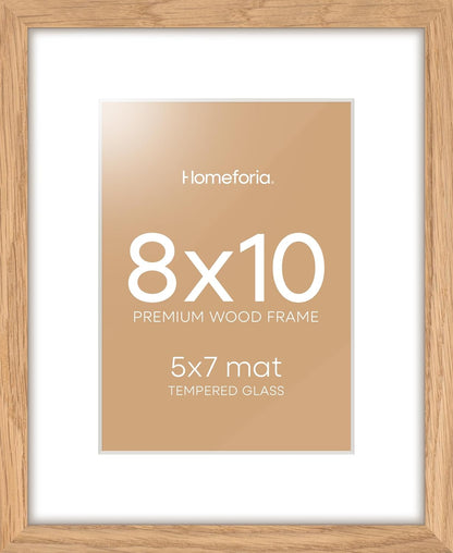Homeforia 8 x 10 Wood Picture Frame, High End Natural Oak 8x10 Light Wooden Frames with Mat 5x7