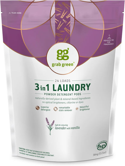 Grab Green 3-in-1 Laundry Detergent Pods, 24 Count, Lavender Vanilla Scent, Plant and Mineral