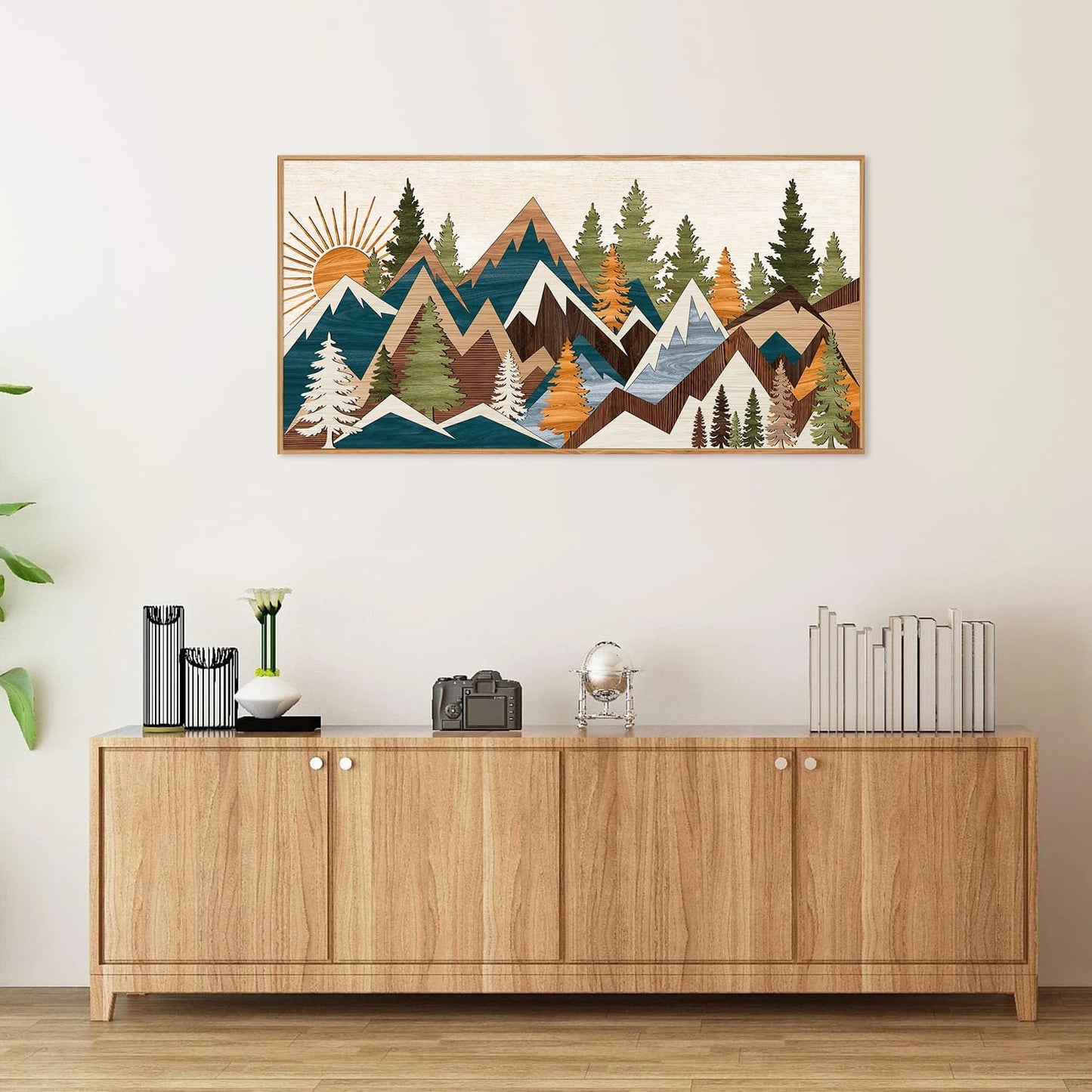 Tinonedraw Large Metal Mountain Framed Canvas Wall Art, Boho Rustic Sunrise Forest Wall Decor, 3