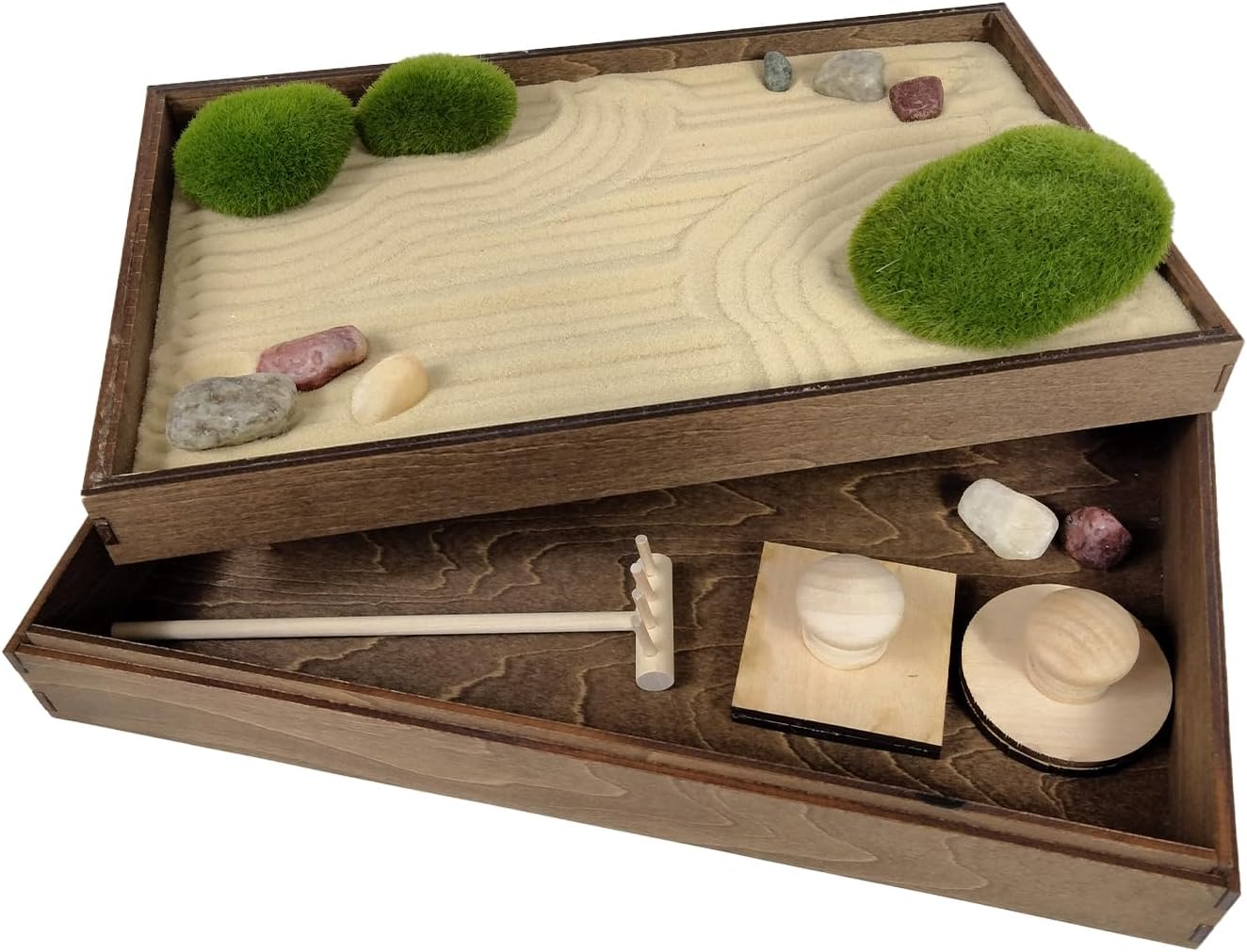 Wooden Stackable Zen Garden | Desert Luxe Sand with Rake & Accessories | Minimalist Decor Gift for