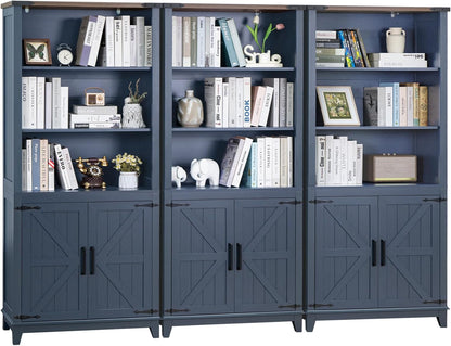 5 Tier Bookshelf 70in Tall Bookcase with Barn Doors and Storage Cabinet, Blue Farmhouse Book Shelf