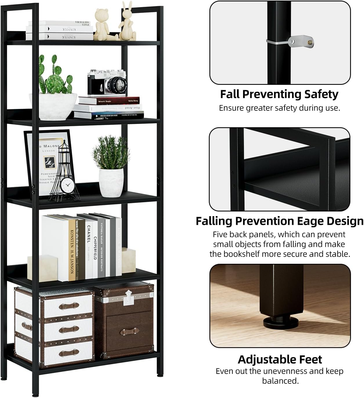 NUMENN Bookshelf, 5 Tier Bookshelves, Home Office Bookcase Shelf Storage Organizer, Free Standing