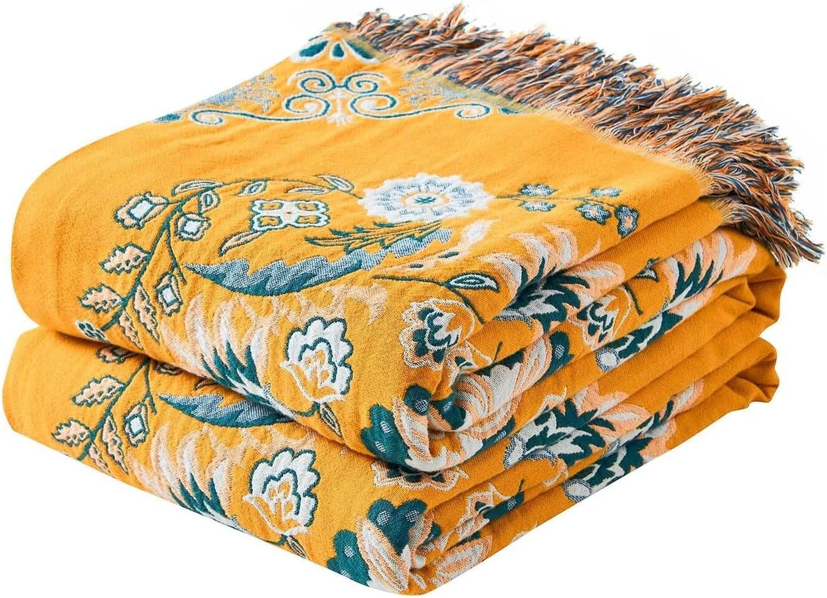 Boho Throw Blanket, 100% Cotton Ultra Soft Luxury Throw Rustic Quilt, Floral Printed Farmhouse