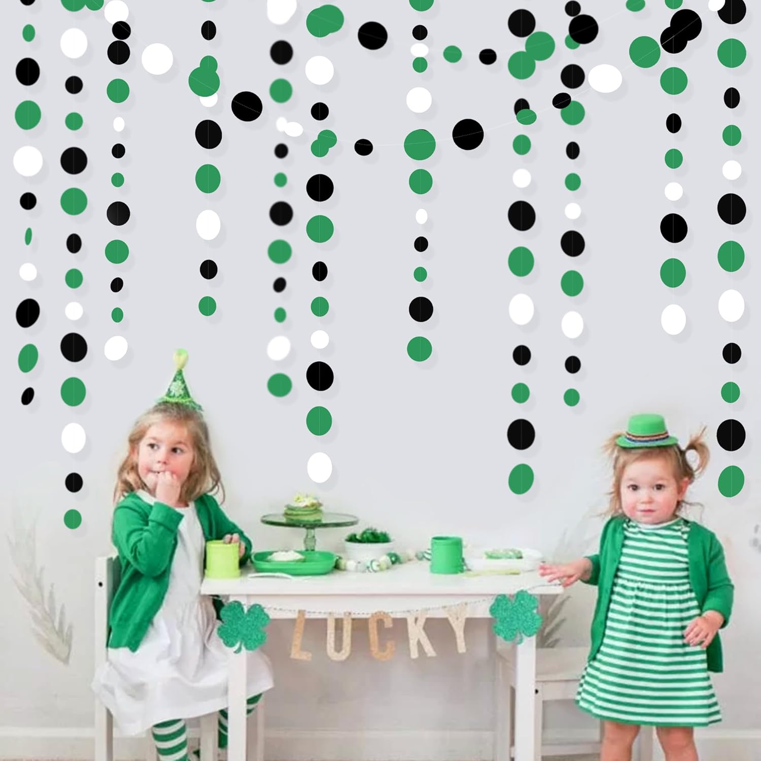 46 Ft Black Green Party Decorations Polka Dots Garlands Green and Black White Hanging Paper Circle