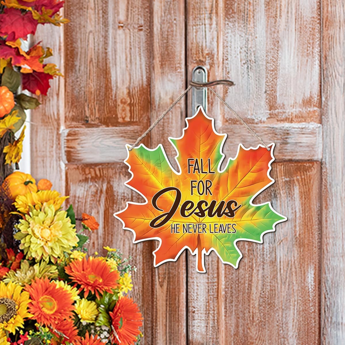 Maple Leaf Fall Decor, Fall for Jesus He Never Leaves Decor Sign Farmhouse Autumn Wreaths for Front