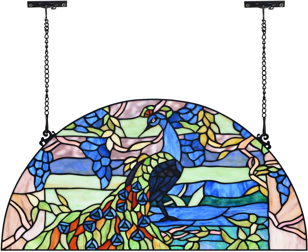 Bieye W10093 Peacock in Garden Tiffany Style Stained Glass Window Panel for Home Decor (Blue