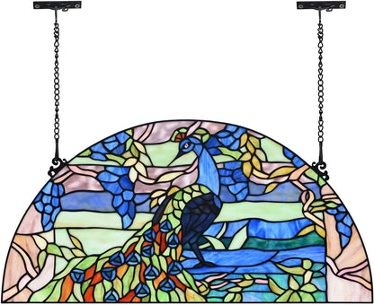 Bieye W10093 Peacock in Garden Tiffany Style Stained Glass Window Panel for Home Decor (Blue