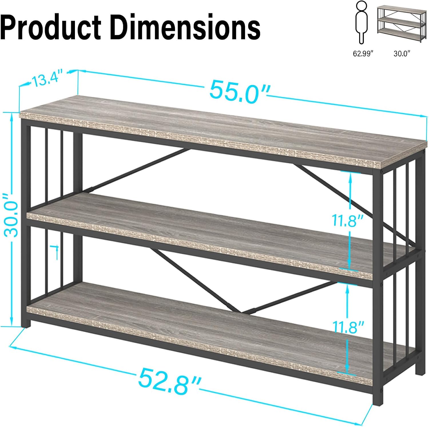 LVB Farmhouse Industrial Console Table, Wood Metal Foyer Entryway Sofa Tables with Storage, 3 Tier