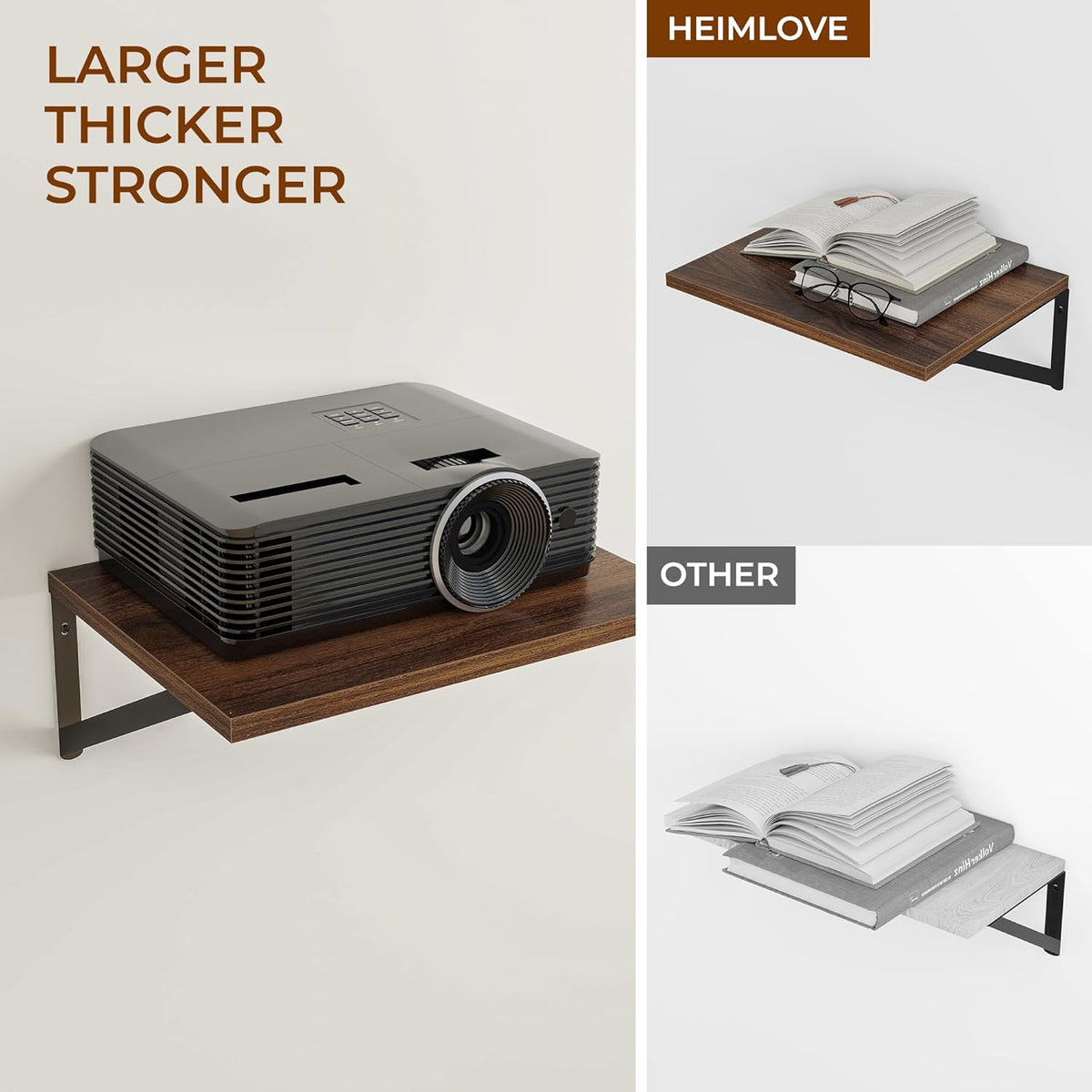 Heimlove Deep Floating Shelves for Wall, 12 Inch Deep Floating Shelves Set of 3, 16W x 12D Wood