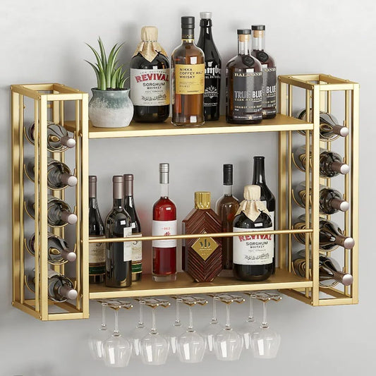Wall Mounted Wine Rack, Hanging Floating Bar Liquor Shelves with Glass Holder, Metal Bottle Holder