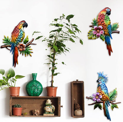 J-Fly Parrot Tropical Wall Art Decor - 3 Hanging Sculptures, Metal, 12" x 8.5", Indoor Kitchen