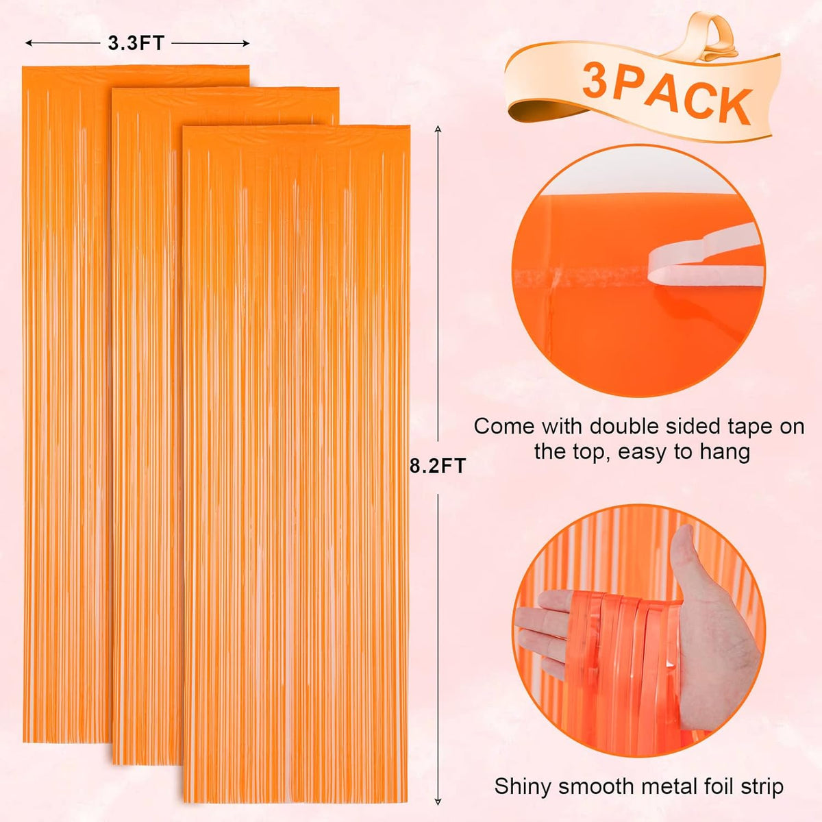 3 Pack 3.3x8.2 Feet Orange Foil Fringe Backdrop Curtains, Tinsel Streamers Birthday Party