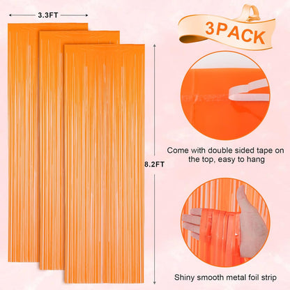 3 Pack 3.3x8.2 Feet Orange Foil Fringe Backdrop Curtains, Tinsel Streamers Birthday Party