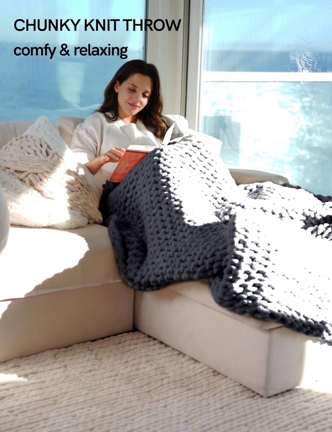 YnM Chunky Throw Blanket, Medium-Weight, Hand Knitted with Chenille Yarn, Skin Friendly, Ventilated
