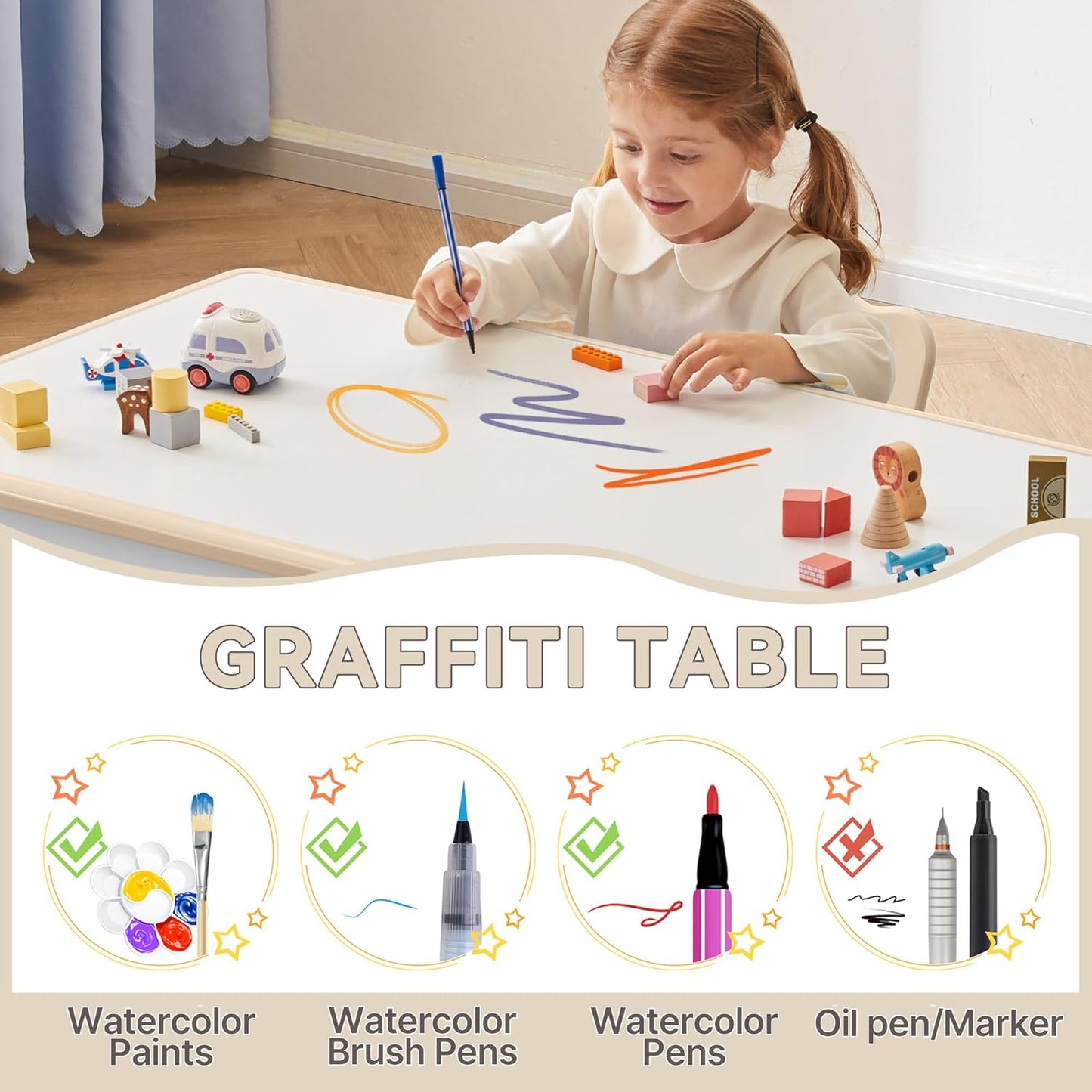 Kids Study Table and Chairs Set, Height Adjustable Toddler Table and Chair Set for Kids Ages 3-8