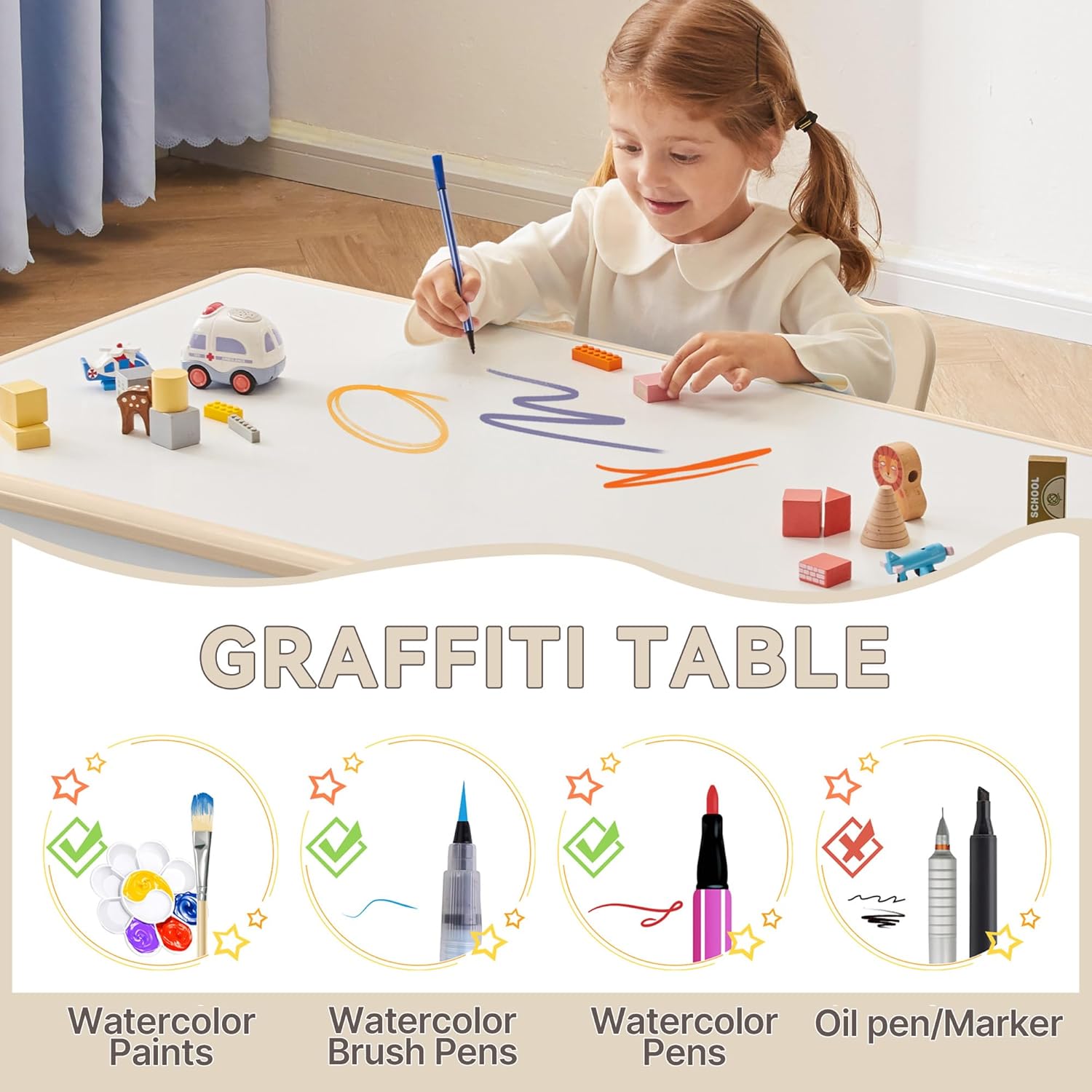 Kids Study Table and Chairs Set, Height Adjustable Toddler Table and Chair Set for Kids Ages 3-8