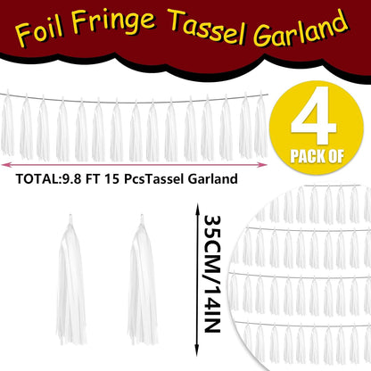 4P White Foil Fringe Metallic Tassel Streamers Banner Tassel Garland for Parade Floats, Graduation
