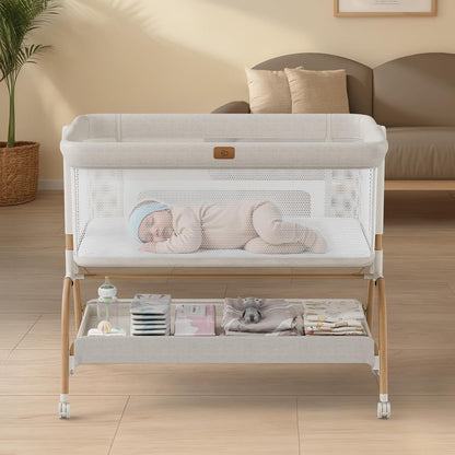 Baby Bassinet Bedside Crib, 3-in-1 Baby Bassinet Bedside Sleeper with Mattress and Soft, Breathable