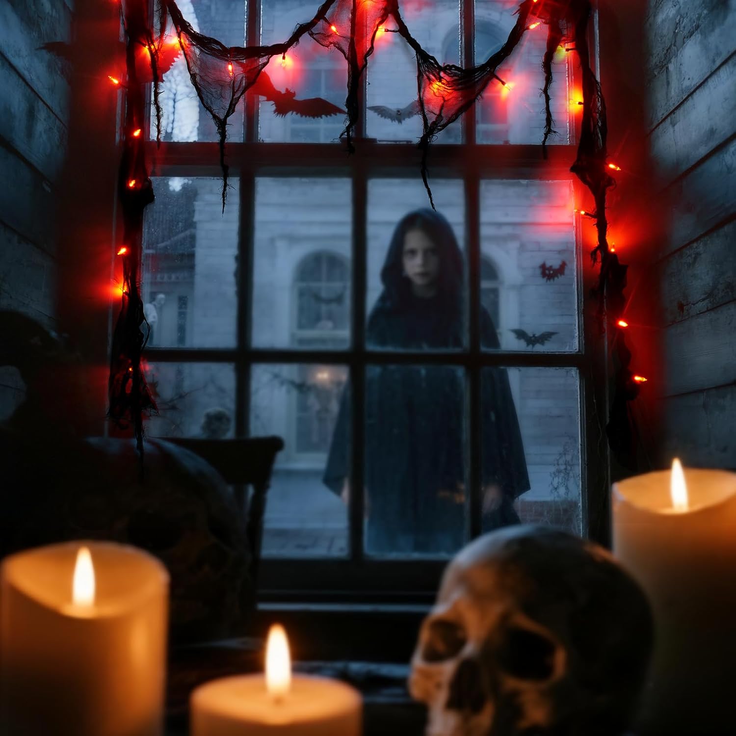 Halloween Horror Atmosphere Lights, Orange&Purple LED String Lights with 9.9FT Creepy Black Gauze