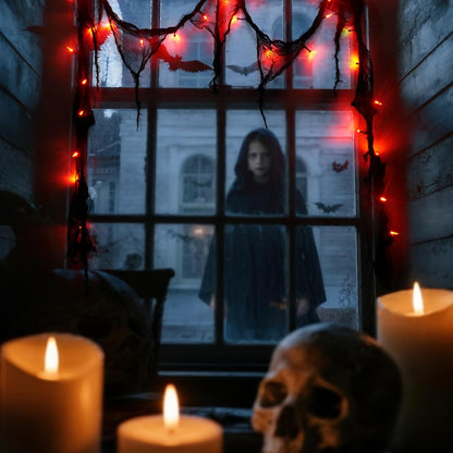 Halloween Horror Atmosphere Lights, Orange&Purple LED String Lights with 9.9FT Creepy Black Gauze