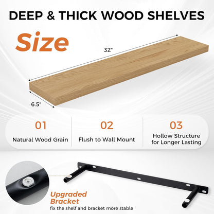 Fun Memories Floating Shelves for Wall, 32" Rustic Wood Deep Wall Mounted Shelves with Invisible